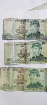 Lot trei bancnote 1000 pesos Chile , ani diferiți