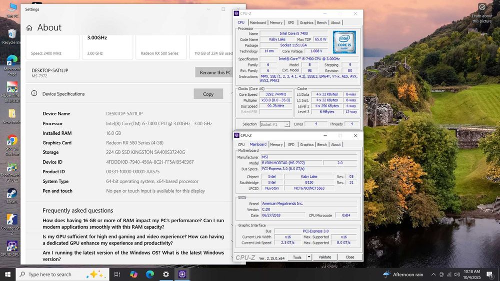 Kit PC Intel I5 7400 MSI B150M Mortar 16gb ddr4
