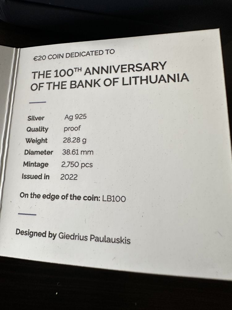 Сребърна монета 20€ Bank of Lithuania