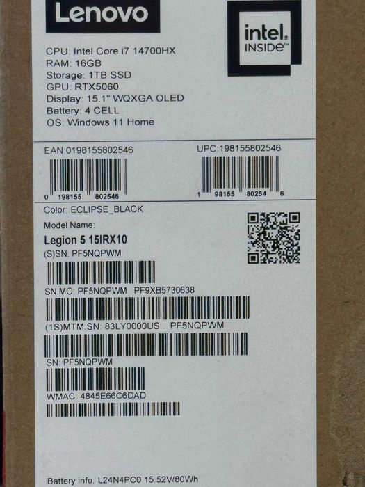 Lenovo Legion 5 15IRX10 Core i7-14700HX RTX5060 8gb ram16 ssd 1TB OLED