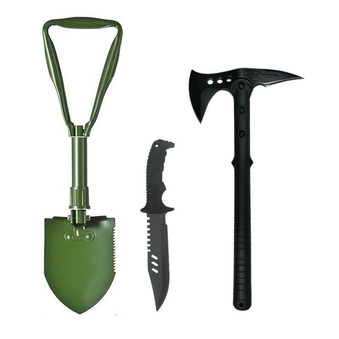 Kit Camping Lopata Militara multifunctionala, Topor si Cutit Vanatoare
