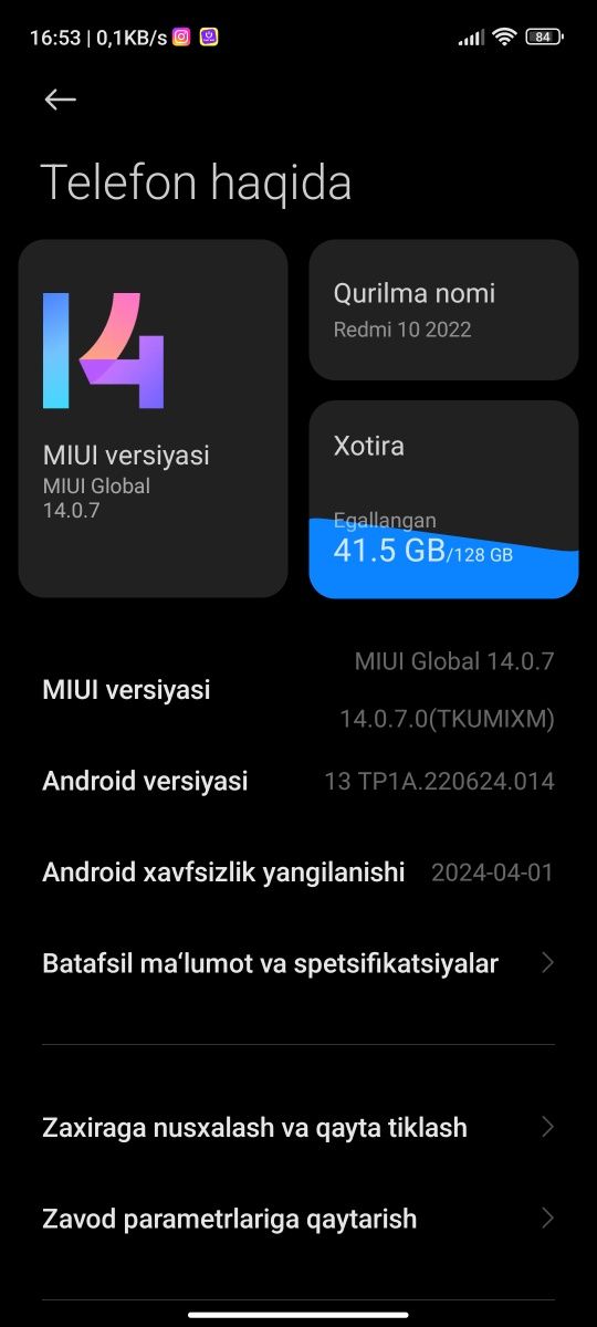 REDMI 10 2022 telefoni sotiladi xotira ROM 128 GB  RAM ESA 3+4GB