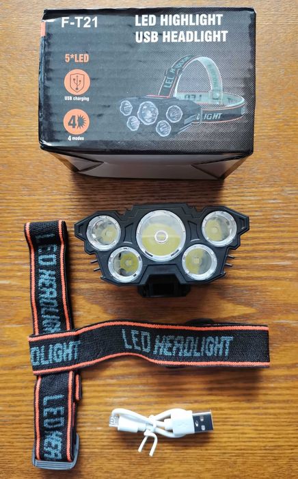 5 LED фенерче, челник, акумулаторно с вградена 18650 батерия, къмпинг