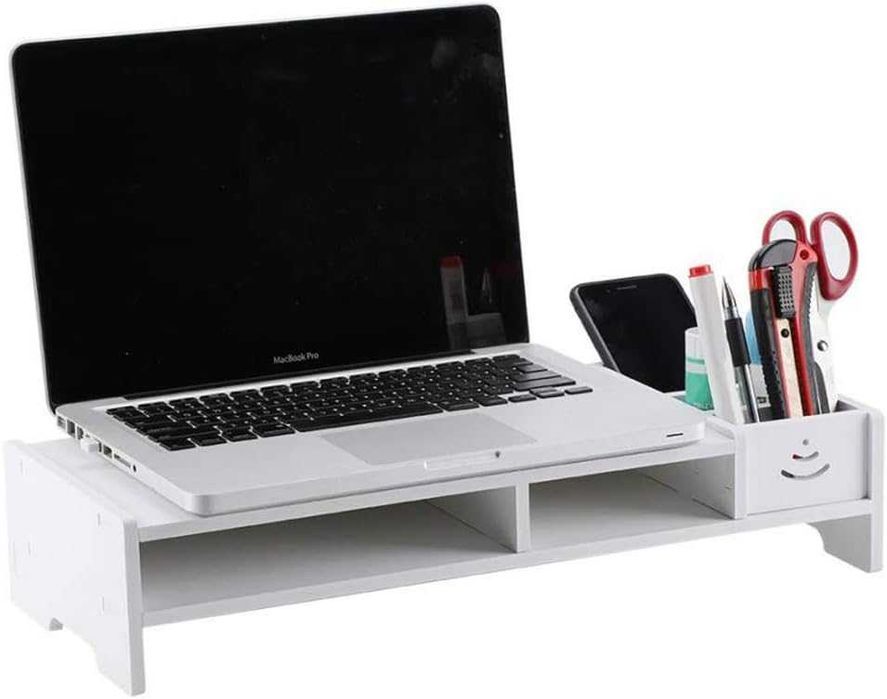 Suport monitor, lemn, 24 x 10 x 20.4 cm, raft depozitare, alb