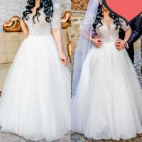 Rochie mireasă, pantofi, set bride, diadema, aranjament masină, kapă