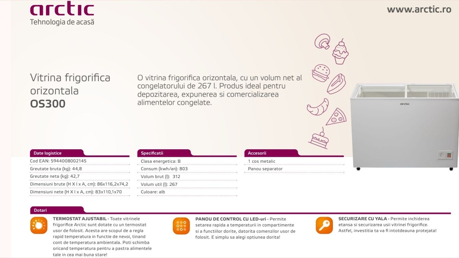 Vitrina frigorifica orizontala Arctic OS300 - 267 litri CA NOUĂ