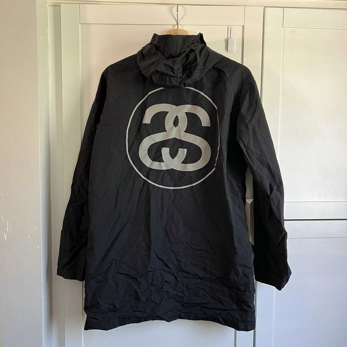 Stussy Jacket Mens Medium Black Long Coach Hooded Rain Coat
