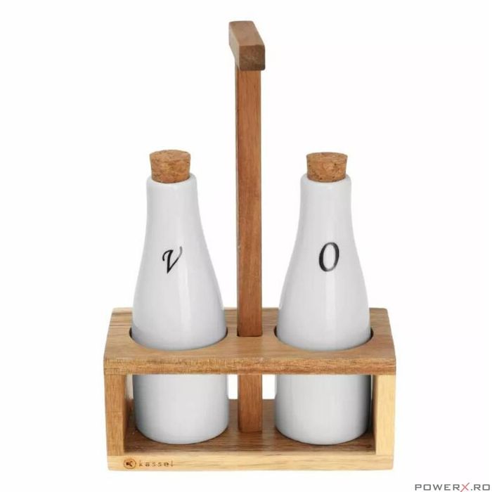 Set recipiente portelan, ulei si otet, cu suport din lemn de salcam,