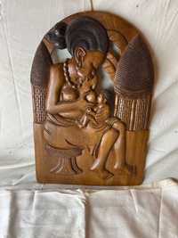 Sculptura in lemn, africana, mama cu copil