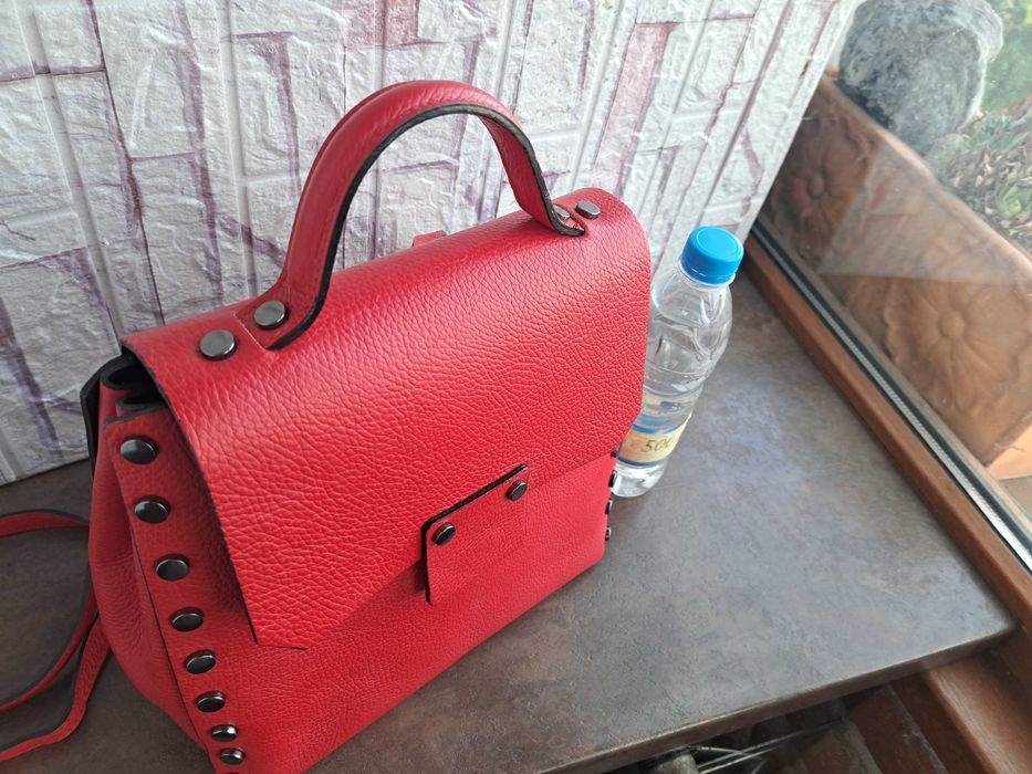 дамска раница,чанта червена,кожена-естествена кожа