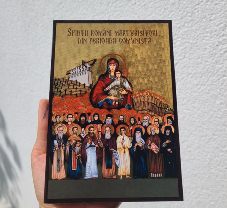 Icoana Maica Domnului si Sfintii Romani Litografie pe lemn icoana sfin
