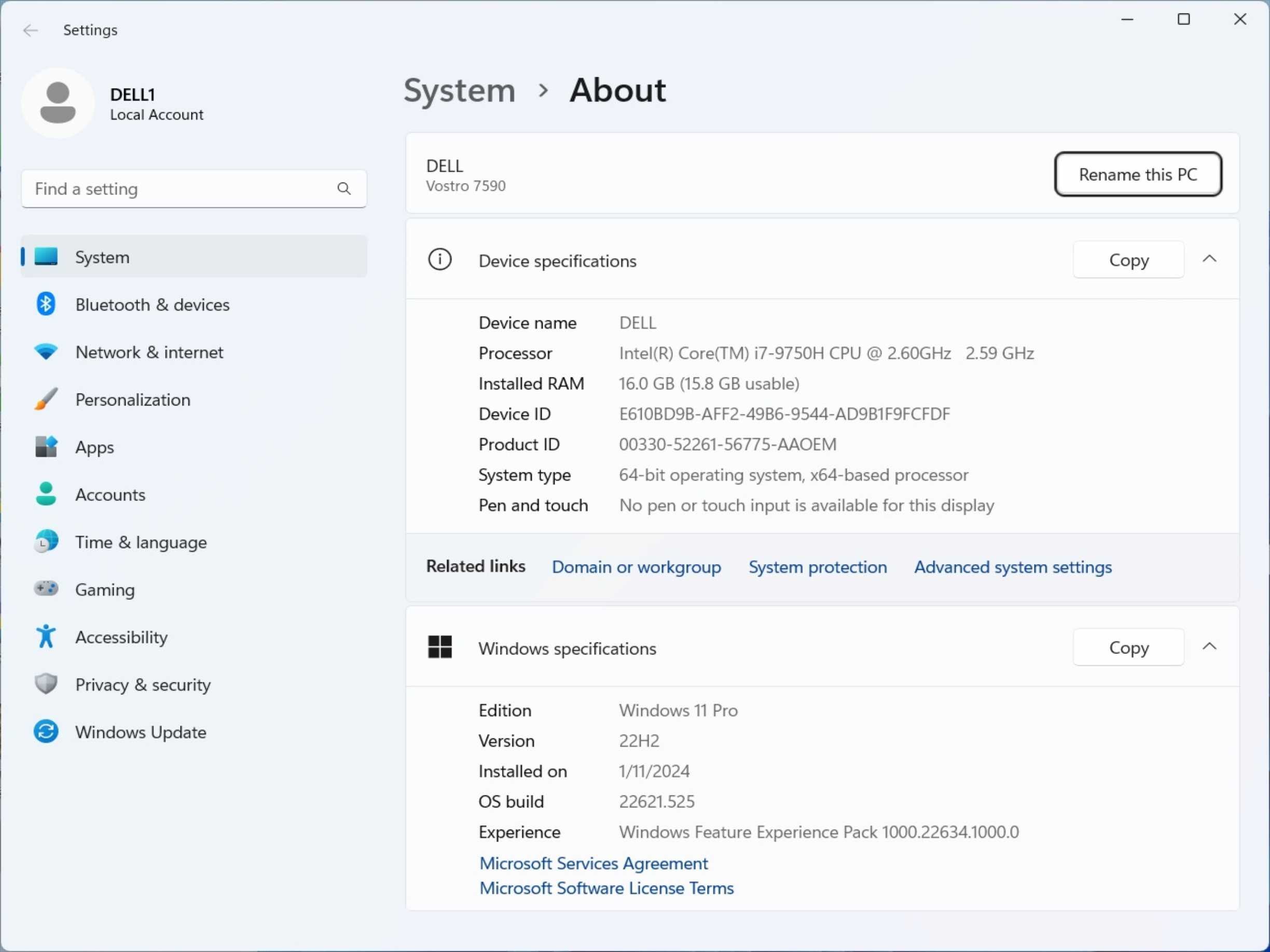 Лаптоп DELL Vostro 7590 i7-9750H 2.60GHz/RAM16GB/NVMe 1TB/NVIDIA 1050