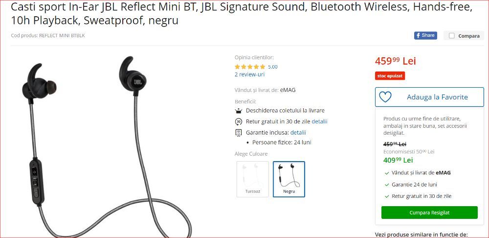 Casti sport In-Ear JBL Reflect, JBL Signature Sound, Hands-free