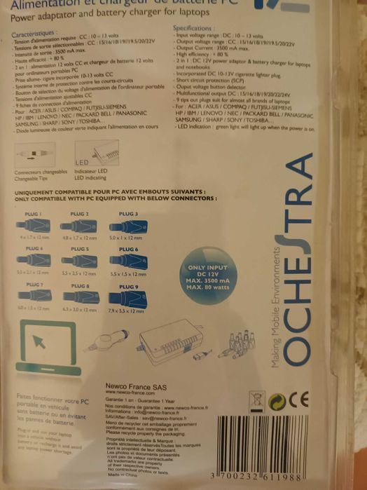 Автомобилно зарядно за лаптоп с 9 букси 12V ново