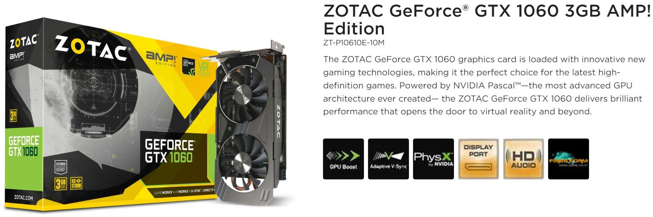Видео карта GPU ZOTAC GTX 1060 3GB AMP! Edition GDDR5 DP/DVI/HDMI