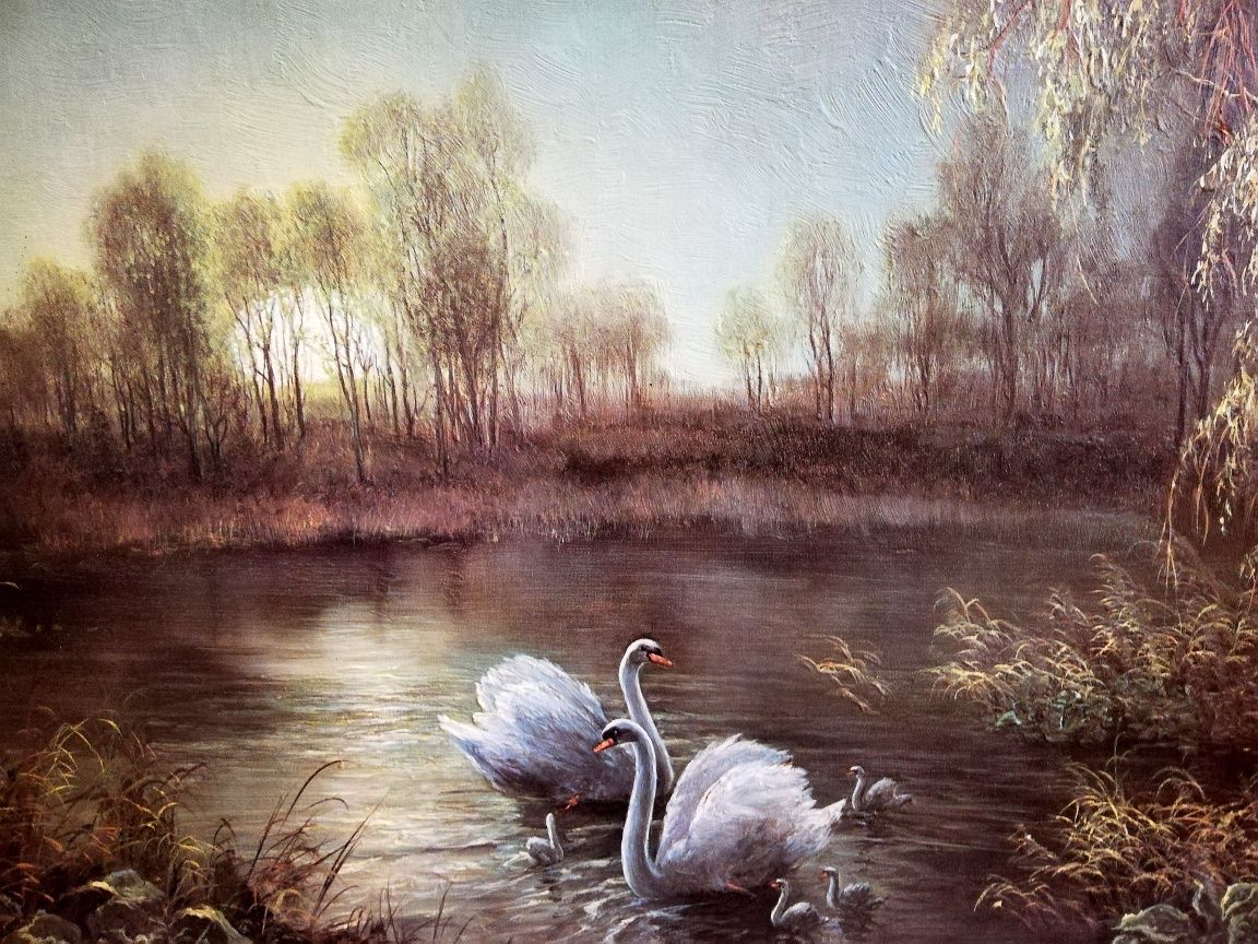 Tablou/pictura "Swan family" ("Familia de lebede") de G. Trelony