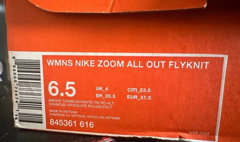 Nike Zoom All Out Flyknit Bright Crimson UK4/EUR37.5номер/23.5см