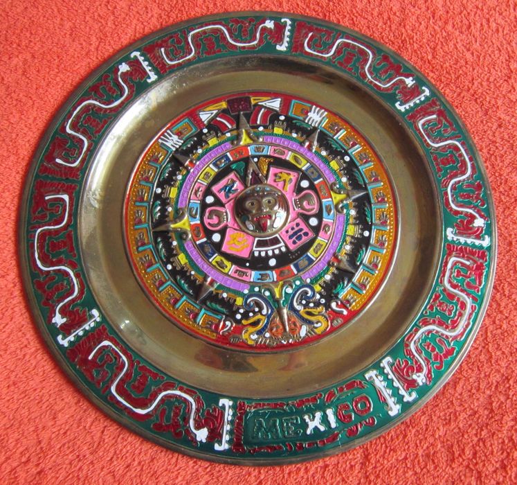 cadou rar Plate Calendar Aztec Maya bronz pictat email Mexic 1980