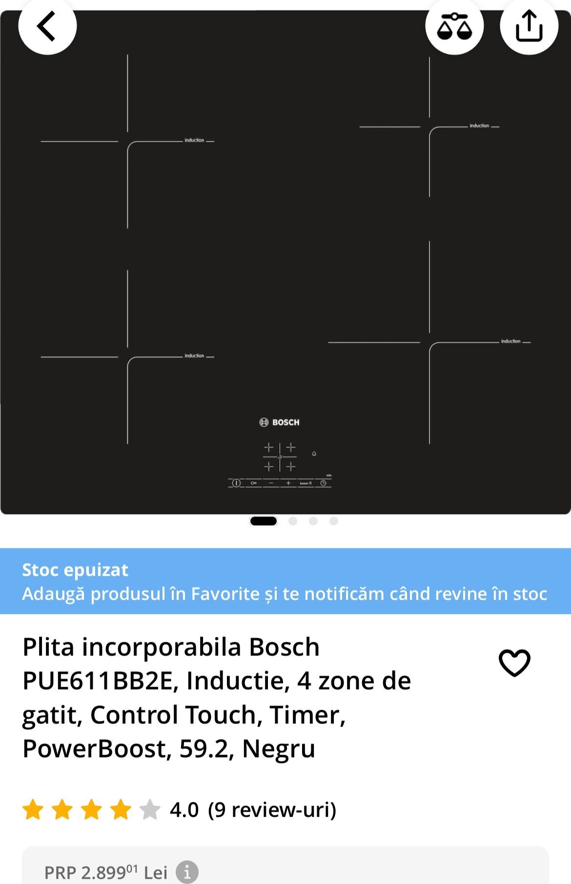 Plita incorporabila Bosch PUE611BB2E, Inductie, 4 zone de gatit, Contr