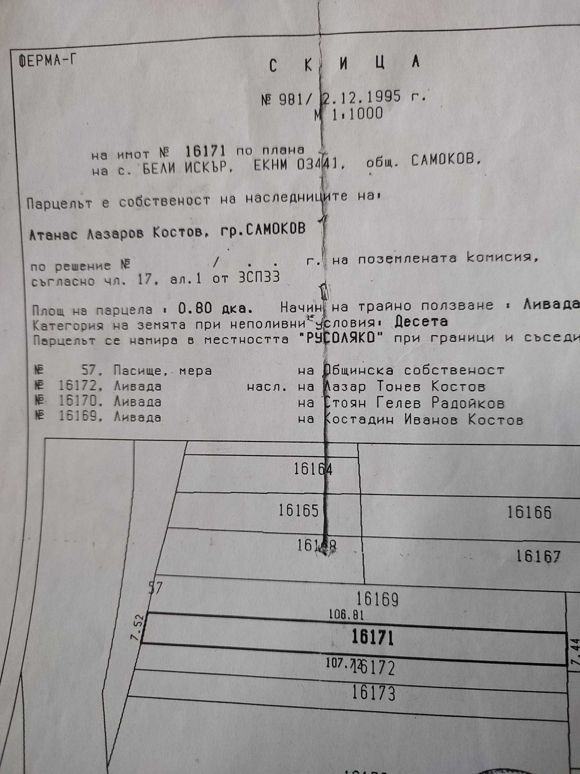 Парцел Земеделска земя/ливада Боровец/Бели Искър