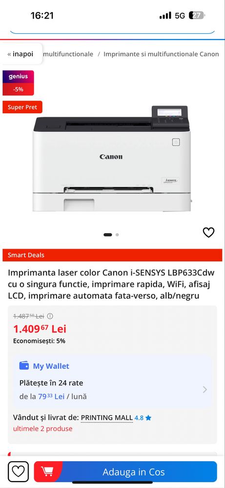 Imprimantă Canon i-SENSYS LBP631Cw – Impecabilă, ca nouă, Wi-Fi, Color