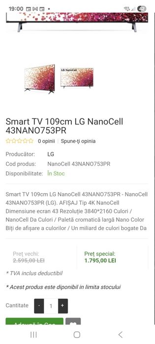 Van tv lg nano0753pr display fisurat  cu telecomanda magic