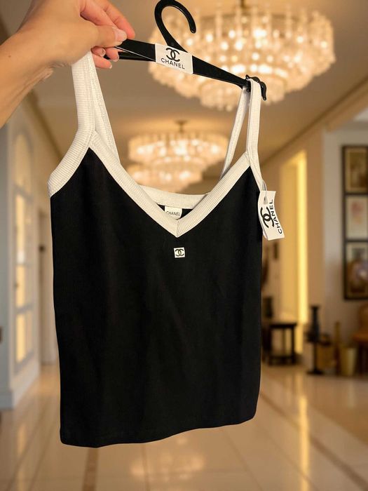 шанел черен топ рипс с ЧАНТИЧКА подарък chanel потник горница памук