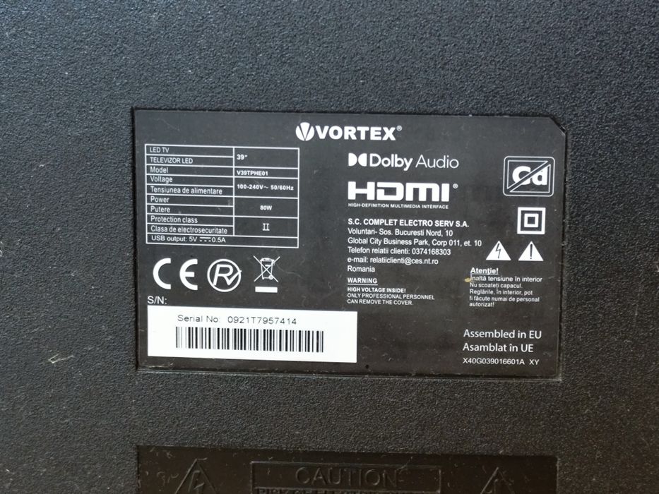 TV Vortex model V39TPHE01 39 inch ecran spart