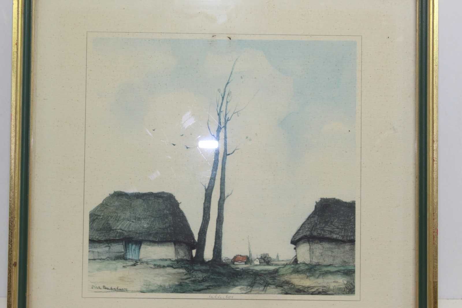 Стара картина графика Селски къщи Холандски художник с подпис