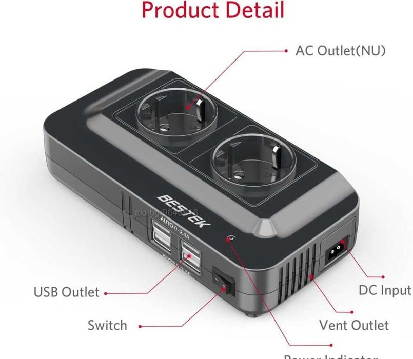 Инвертор 200W 11-15V DC 220-240V AC 4USB две гнезда контакт BESTEK TUV