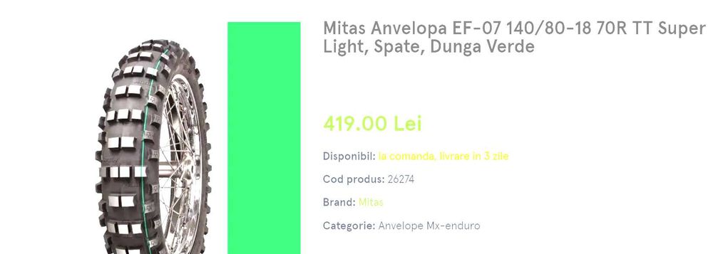 Mitas Anvelopa EF-07 140/80-18 70R TT Super Light, Spate, Dunga Verde