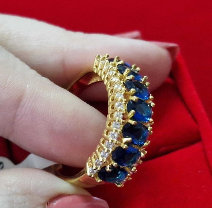 GR44,inel placat aur 14k, masiv, model marquiz, zirconii safir/alb