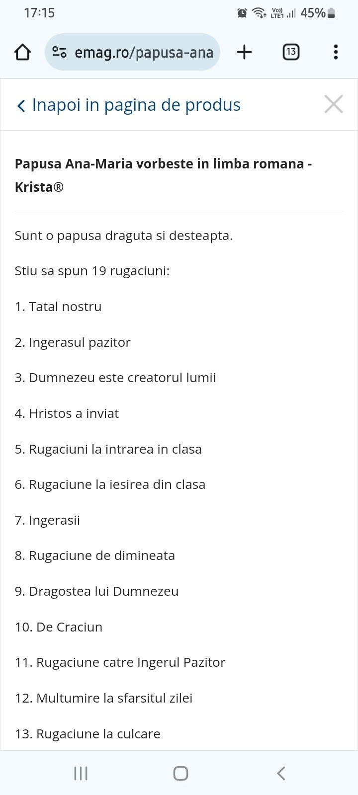 Papusa Ana Maria care vorbeste. spune 19 rugaciuni in limba romana