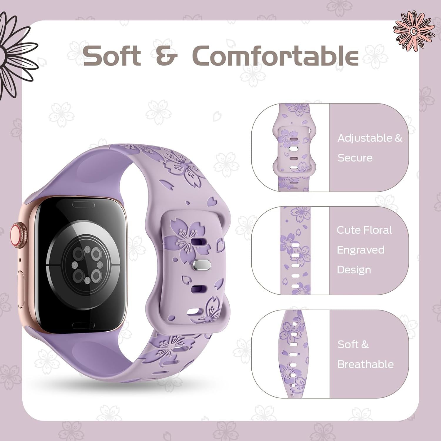 FLORAL Силиконова каишка за Apple Watch Series 10/9/8/7/6/5/4/3/2/1/SE