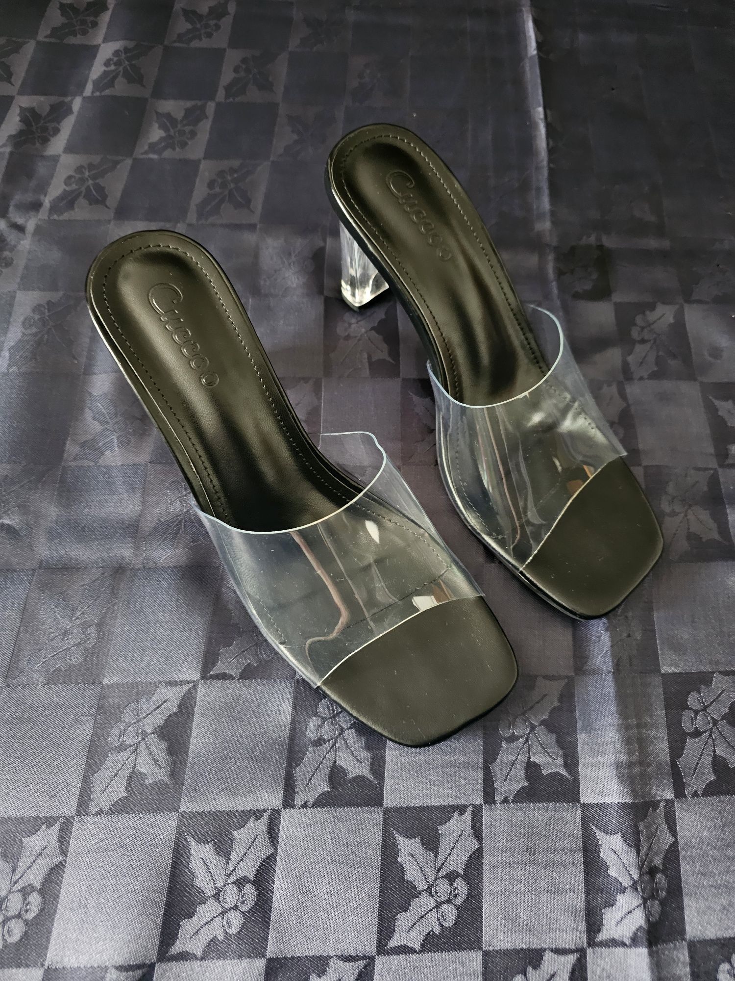 Кожени прозрачни чехли 38 номер лачени токчета сандали прозрачна лента