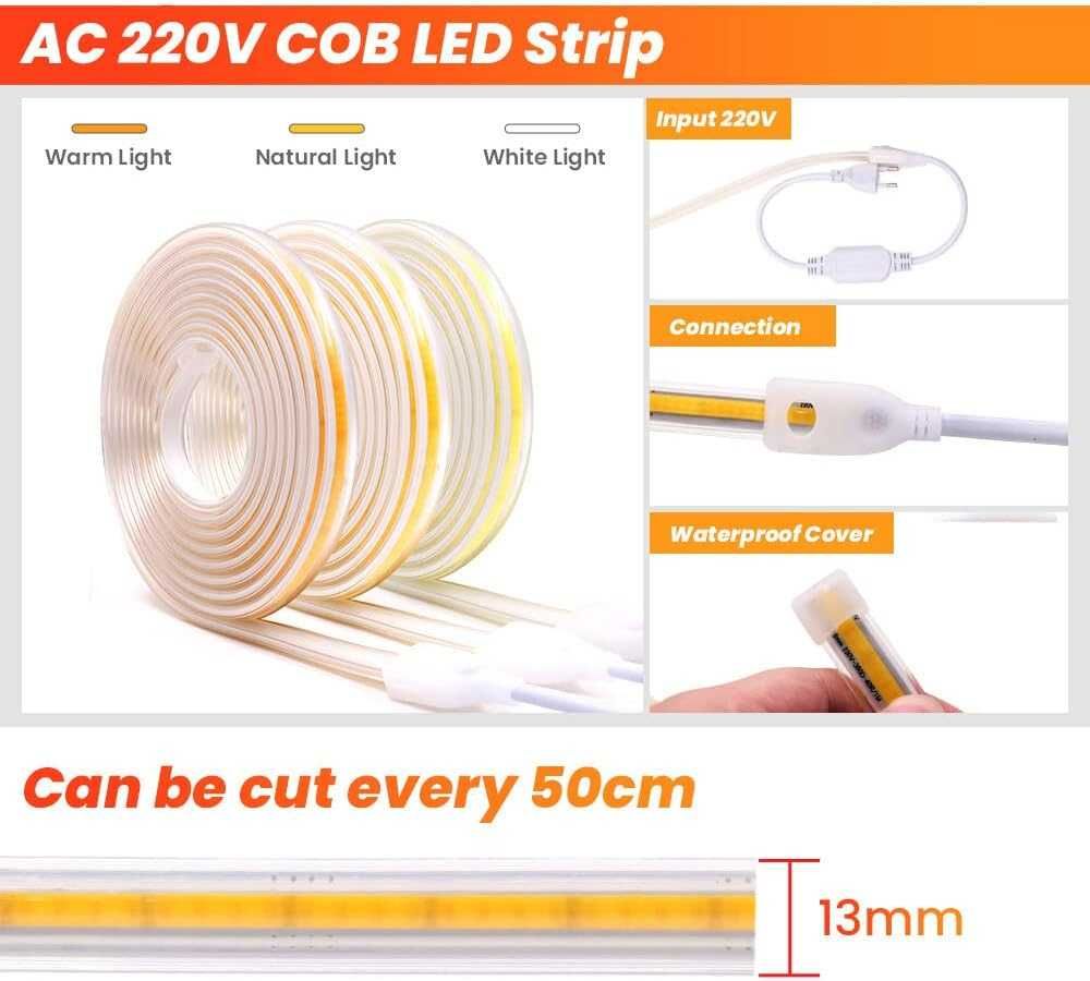 НОВА! COB LED лента 220V, 4м, 360 LED/m, топла светлина, IP65