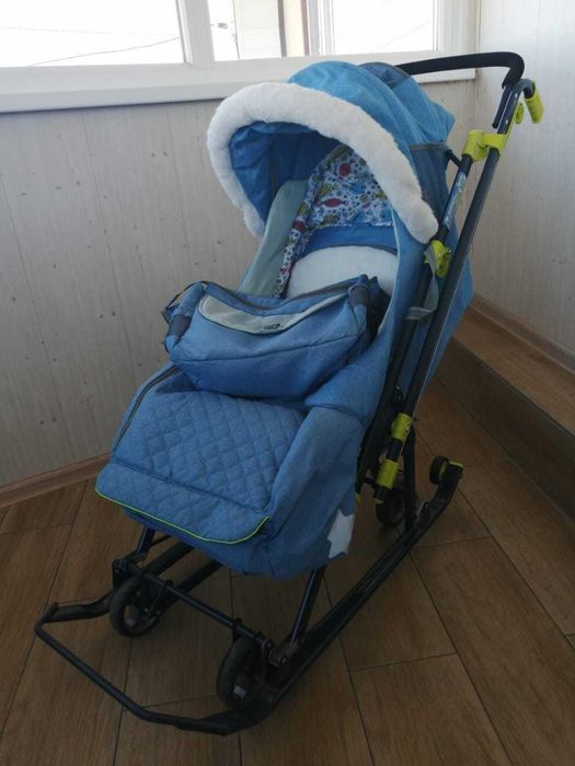 Санки-коляска голубая