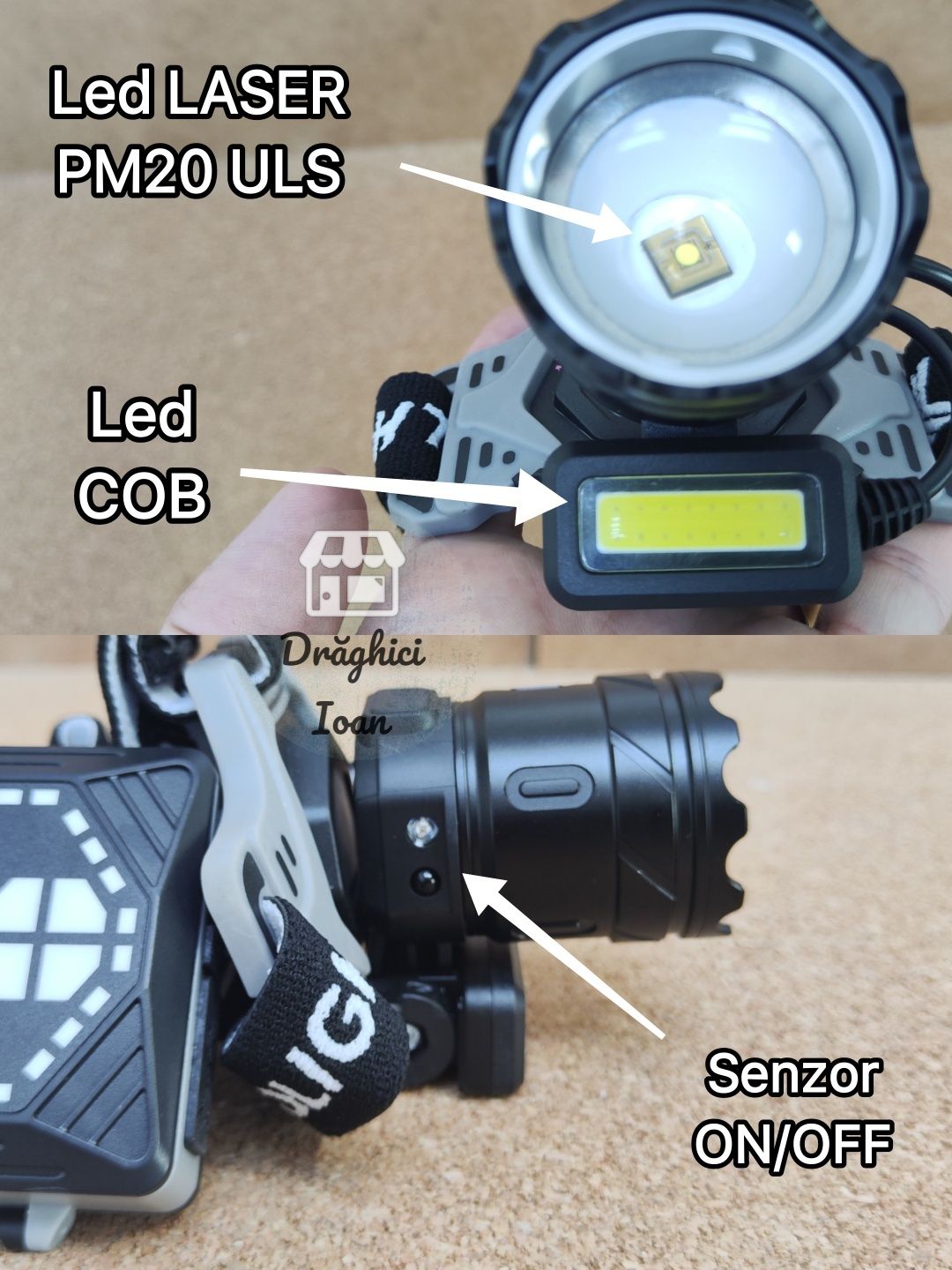 Lanterna frontala pt pescuit LED LASER PM20 ULS < 1300m+COB si SENZOR