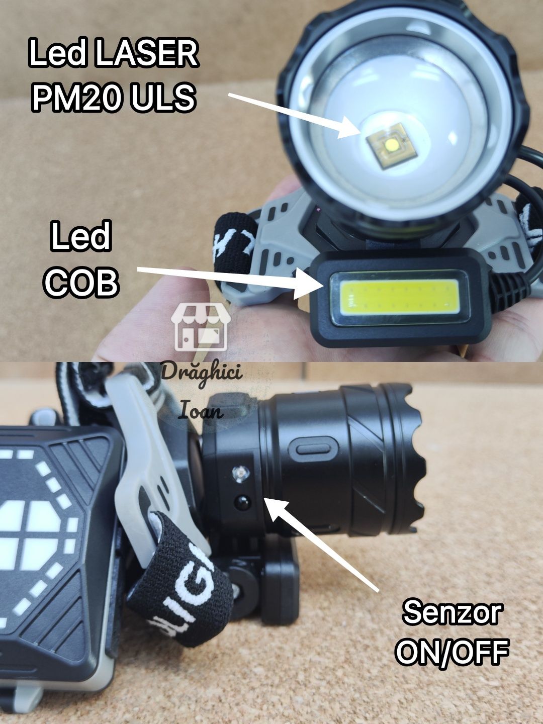 Lanterna frontala LED tip LASER PM20 ULS < 1300m+COB si SENZOR MISCARE