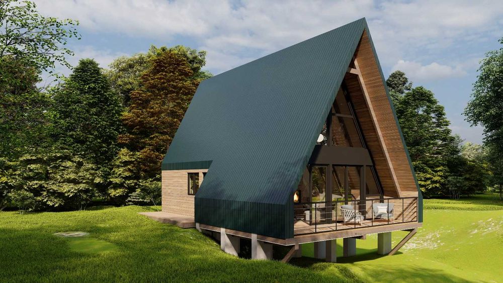 plan super cabana 7x12m premium tip A-Frame semineu  pe piloni DWG 3D