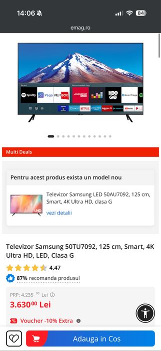 Televizor Samsung 50TU7092, 125 cm, Smart, 4K Ultra HD, LED, Clasa G