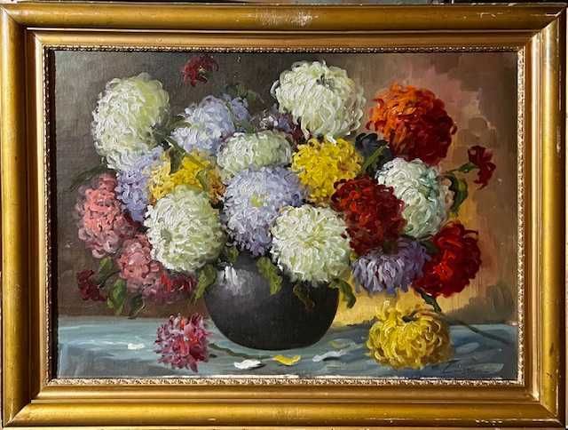 CONSTION-”Crizanteme” Tablou AUTENTIC, Vechi, ul/pză/cart, 70x50cm+ram