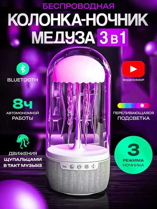 Умная колонка-светильник “Медуза”, Bluetooth, ночник-лампа, проектор