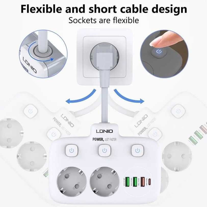 Разклонител LDNio SE2435 SS000196,220V, 2 гнезда и 3 USB + Type C
