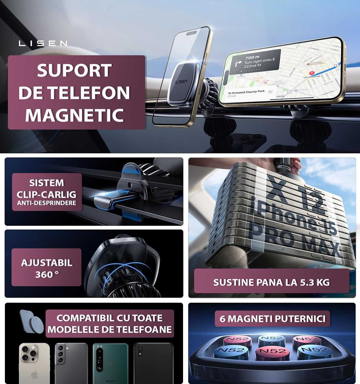 Suport auto magnetic pentru telefon, tableta