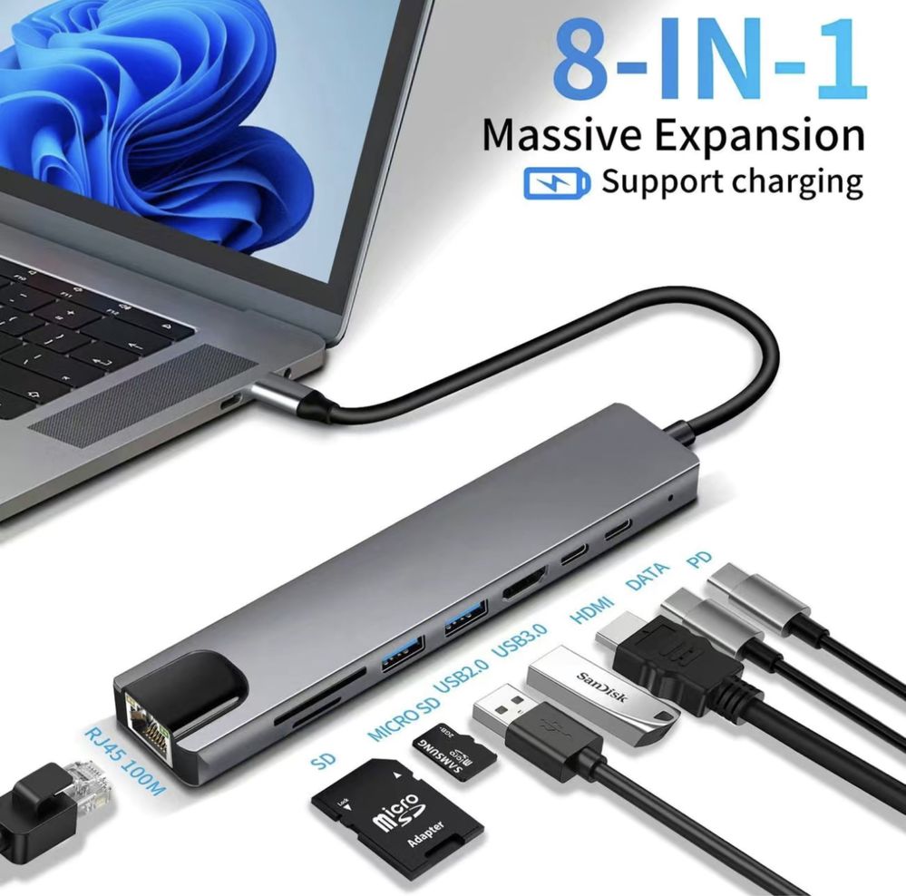 Докстанция Адаптер 8в1 Переход type C - lan rj45 Usb  Hdmi картридер