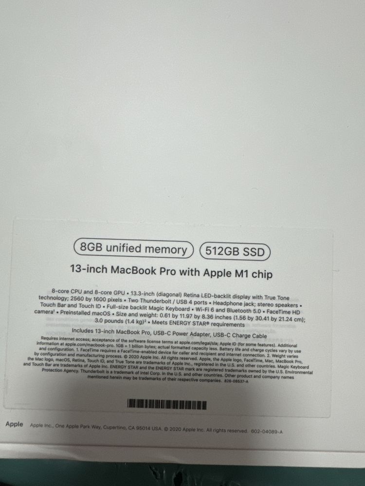 MacBook Pro Apple M1 chip 8GB unified memory, 512GB SSD