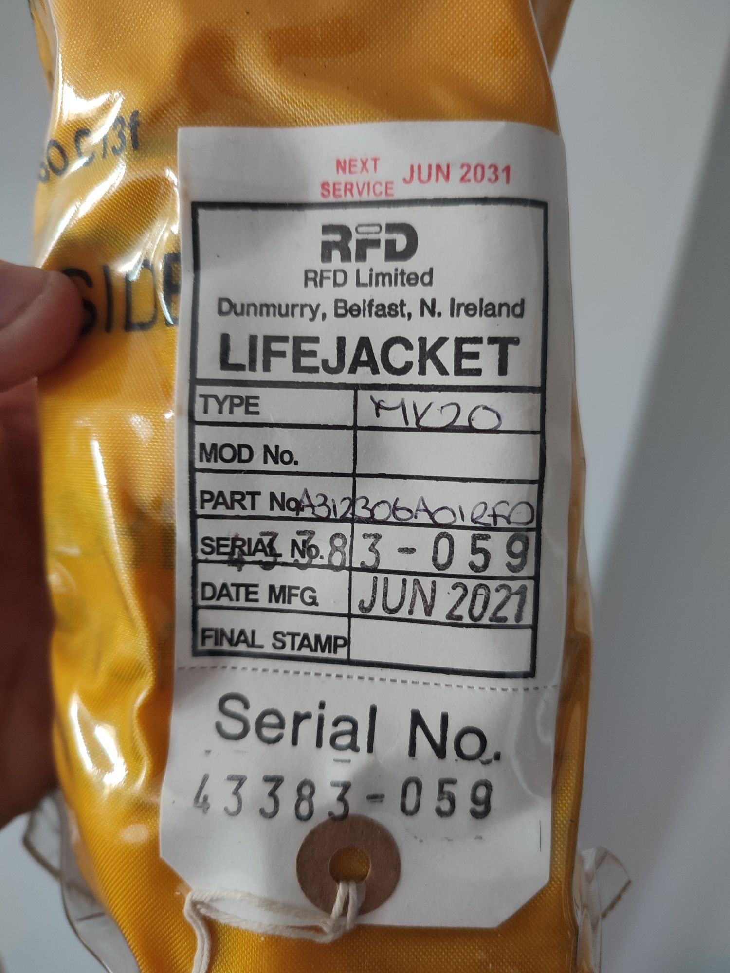 Vesta de salvare avion - RFD Passenger Life Jacket Mk20