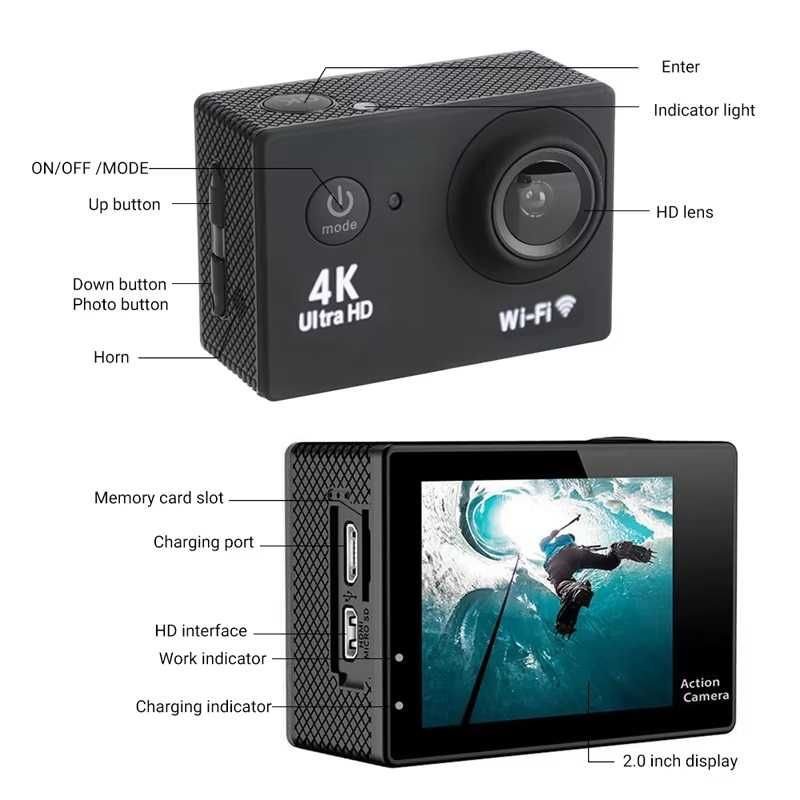 Екшън Камера 4K с Wi-Fi, Водоустойчива Заснемане Спортна Камера Мото