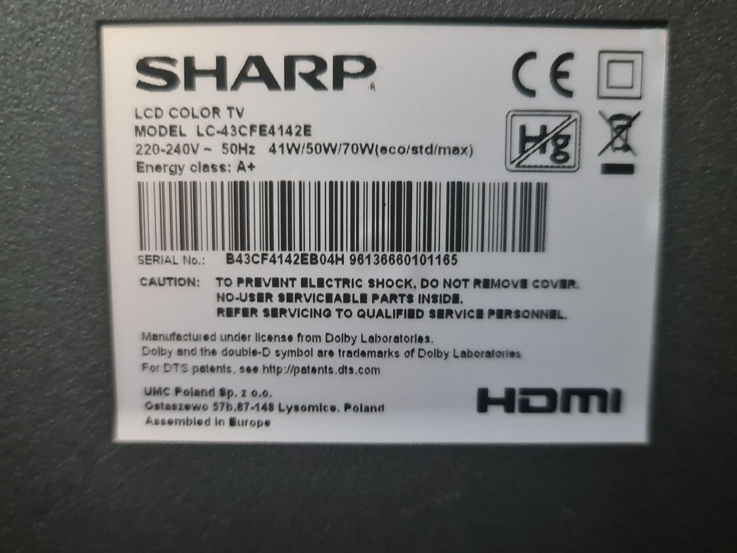 Sharp 43 инча LC - 43CFE4142E за части